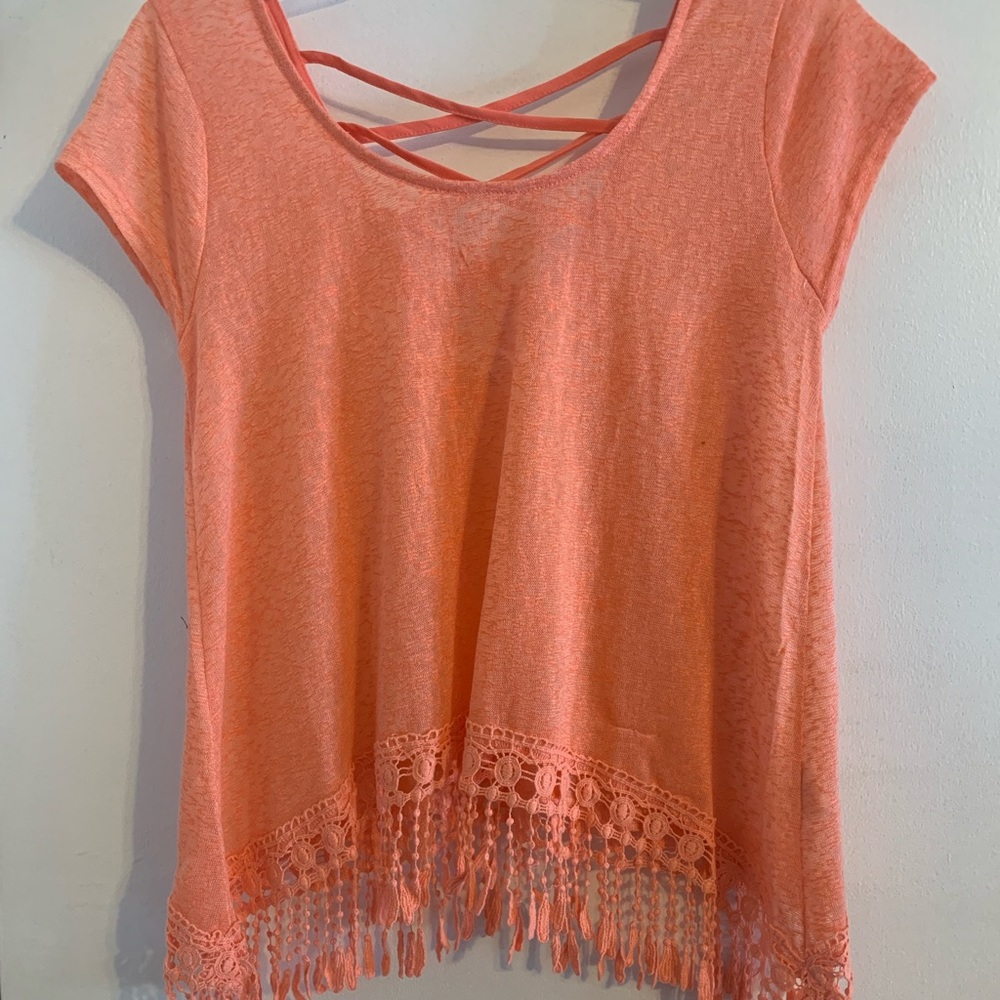 “Mine” coral fringe boho top
